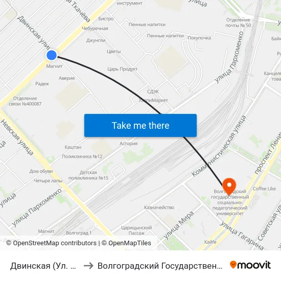 Двинская (Ул. Маршала Рокоссовского) to Волгоградский Государственный Социально-Педагогический Университет map