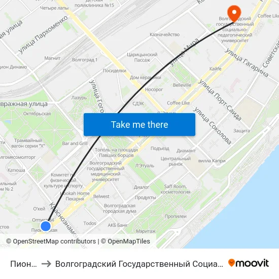 Пионерская to Волгоградский Государственный Социально-Педагогический Университет map
