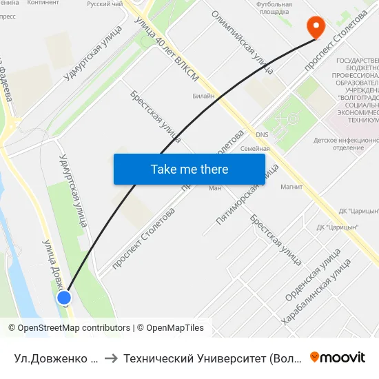 Ул.Довженко (А) to Технический Университет (Волггту) map