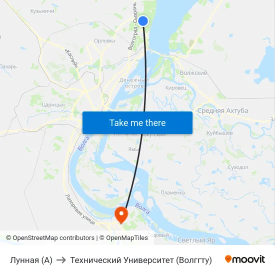 Лунная (А) to Технический Университет (Волггту) map