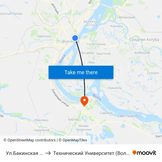 Ул.Бакинская (Б) to Технический Университет (Волггту) map