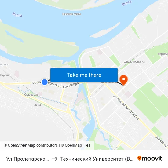 Ул.Пролетарская (А) to Технический Университет (Волггту) map