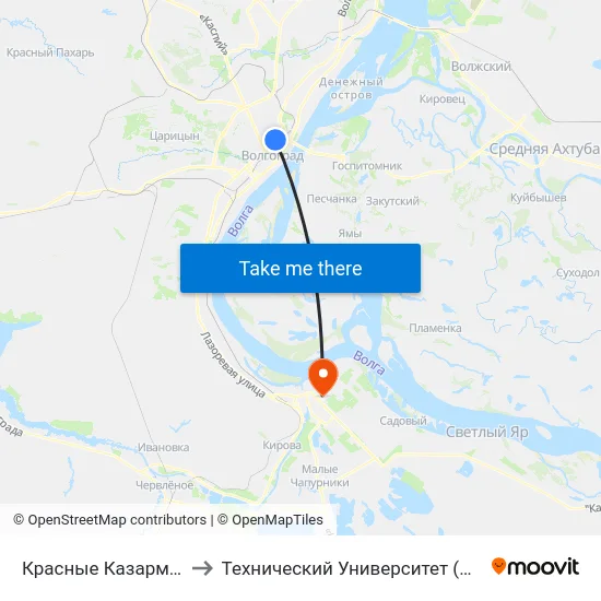 Красные Казармы (А) to Технический Университет (Волггту) map