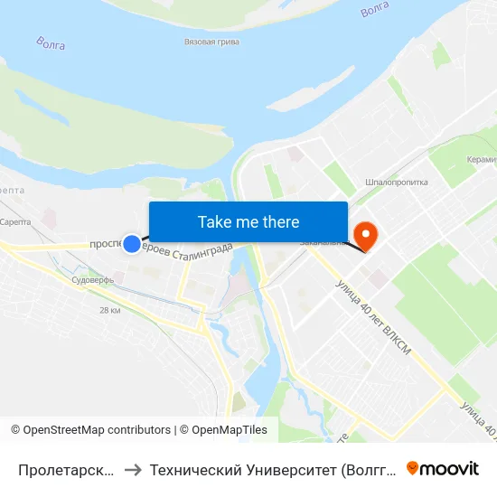 Пролетарская to Технический Университет (Волггту) map