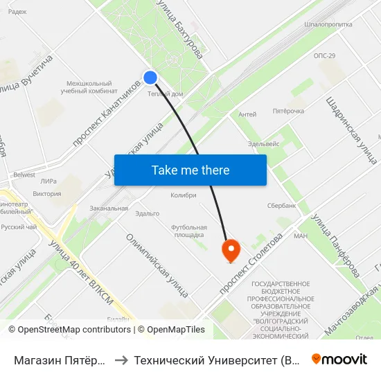 Магазин Пятёрочка to Технический Университет (Волггту) map