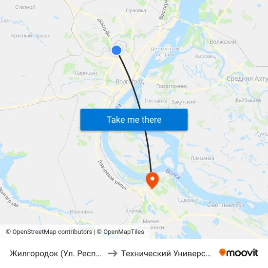 Жилгородок (Ул. Республиканская) to Технический Университет (Волггту) map