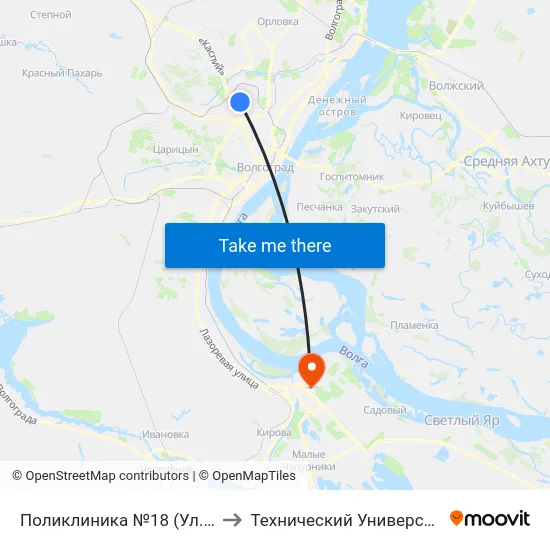 Поликлиника №18 (Ул. Колпинская) to Технический Университет (Волггту) map