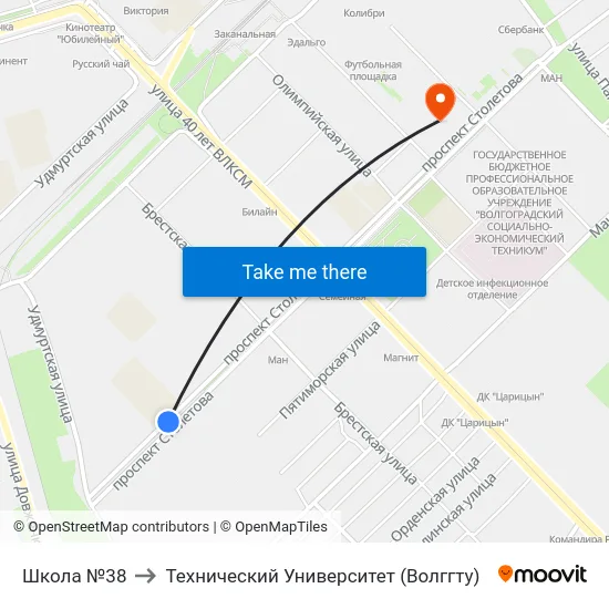 Школа №38 to Технический Университет (Волггту) map