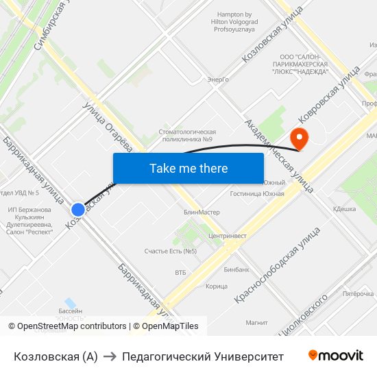 Козловская (А) to Педагогический Университет map