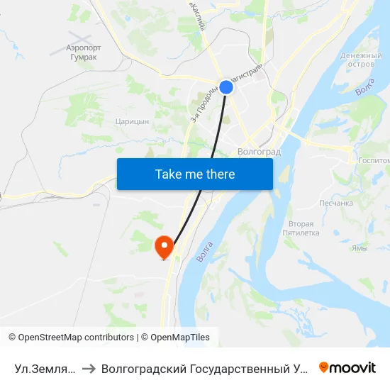 Ул.Землячки (А) to Волгоградский Государственный Университет "" Волгу"" map