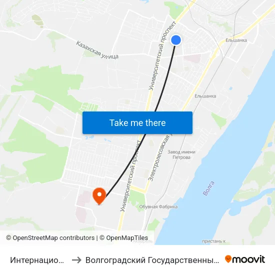 Интернациональная (А) to Волгоградский Государственный Университет "" Волгу"" map