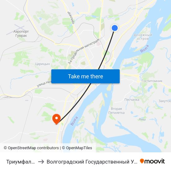 Триумфальная (Б) to Волгоградский Государственный Университет "" Волгу"" map