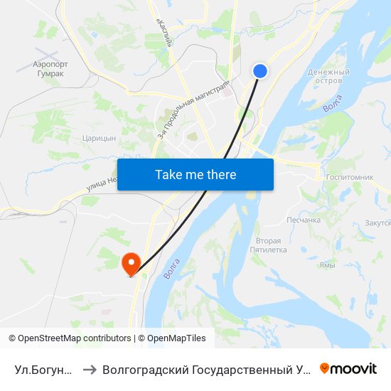 Ул.Богунская (Б) to Волгоградский Государственный Университет "" Волгу"" map