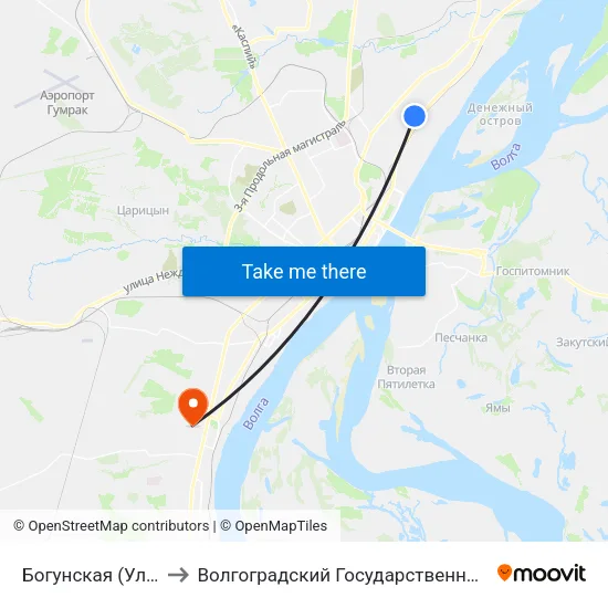 Богунская (Ул. Богунская) to Волгоградский Государственный Университет "" Волгу"" map