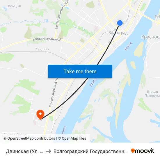 Двинская (Ул. Пархоменко) to Волгоградский Государственный Университет "" Волгу"" map