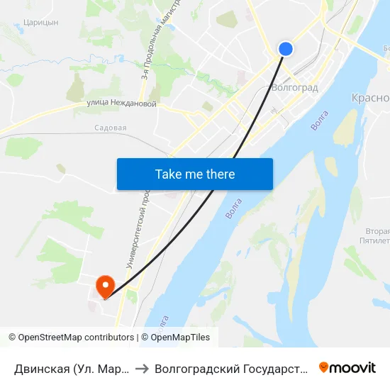 Двинская (Ул. Маршала Рокоссовского) to Волгоградский Государственный Университет "" Волгу"" map
