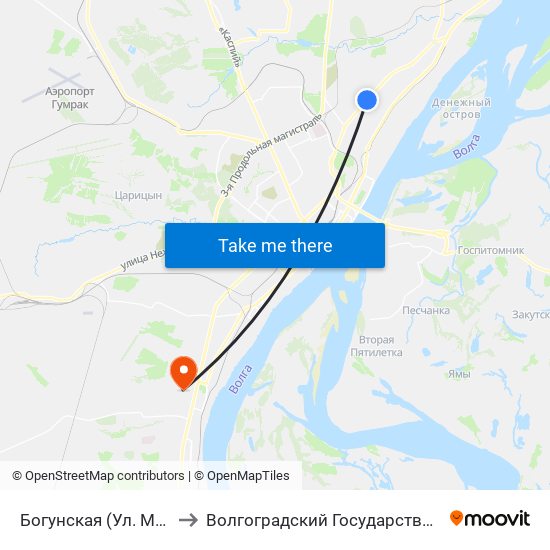 Богунская (Ул. Маршала Еременко) to Волгоградский Государственный Университет "" Волгу"" map