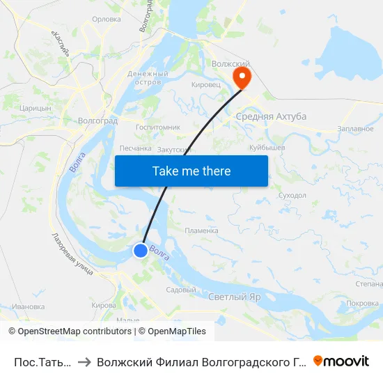 Пос.Татьянка-1 (А) to Волжский Филиал Волгоградского Государственного Университета map