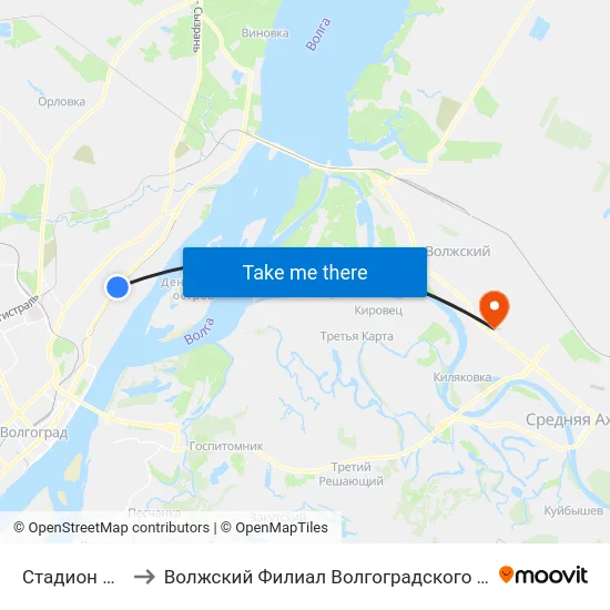 Стадион Монолит (Б) to Волжский Филиал Волгоградского Государственного Университета map