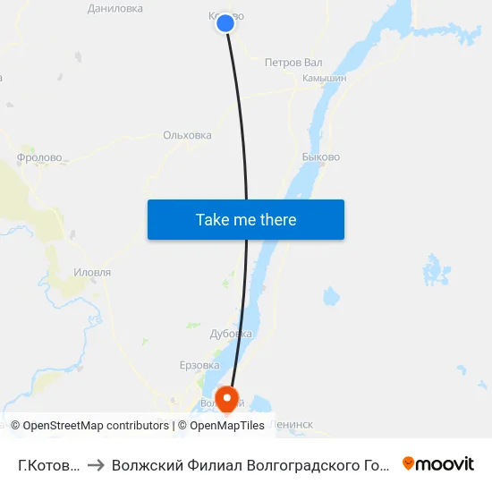 Г.Котово Ас (А) to Волжский Филиал Волгоградского Государственного Университета map