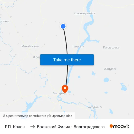 Р.П. Красный Яр Ас (А) to Волжский Филиал Волгоградского Государственного Университета map