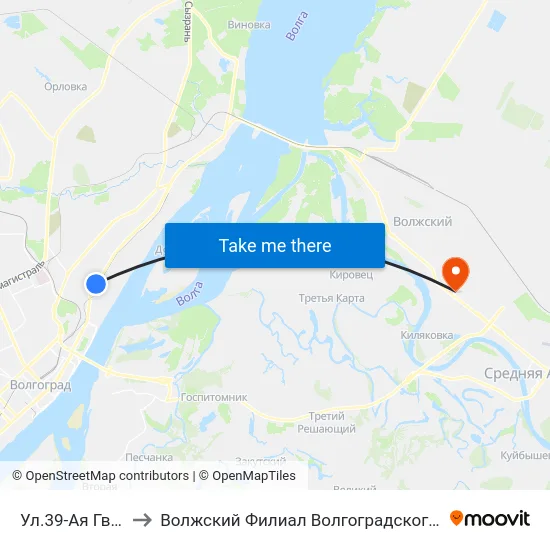 Ул.39-Ая Гвардейская (А) to Волжский Филиал Волгоградского Государственного Университета map