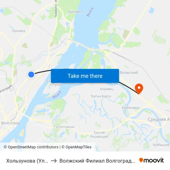 Хользунова (Ул. Маршала Ерёменко) to Волжский Филиал Волгоградского Государственного Университета map