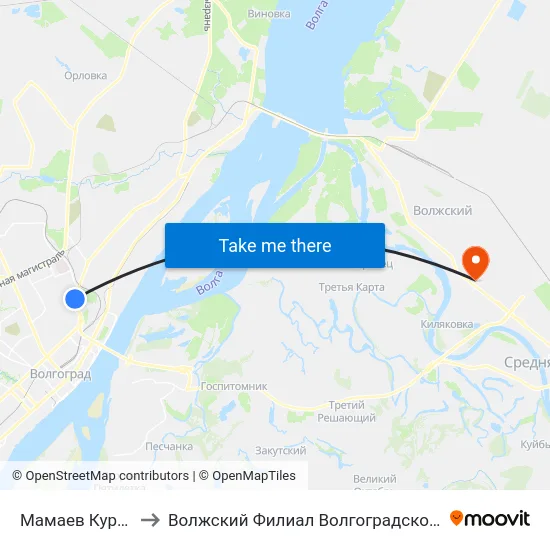 Мамаев Курган (Телецентр) to Волжский Филиал Волгоградского Государственного Университета map