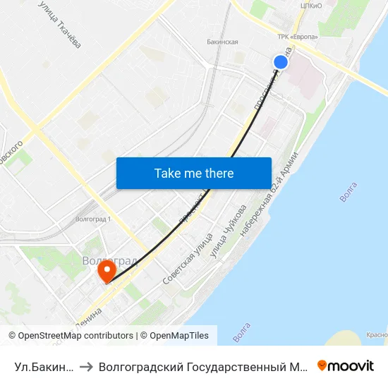 Ул.Бакинская (Б) to Волгоградский Государственный Медицинский Университет map