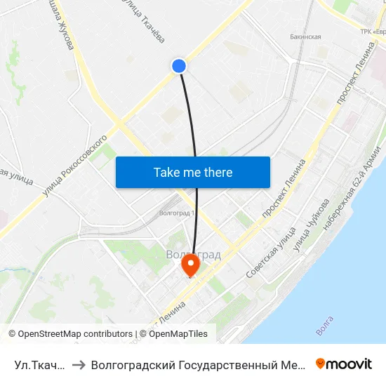 Ул.Ткачева (А) to Волгоградский Государственный Медицинский Университет map
