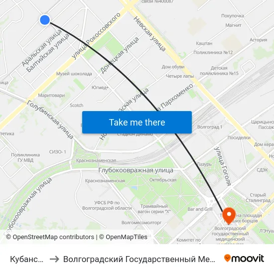 Кубанская (А) to Волгоградский Государственный Медицинский Университет map