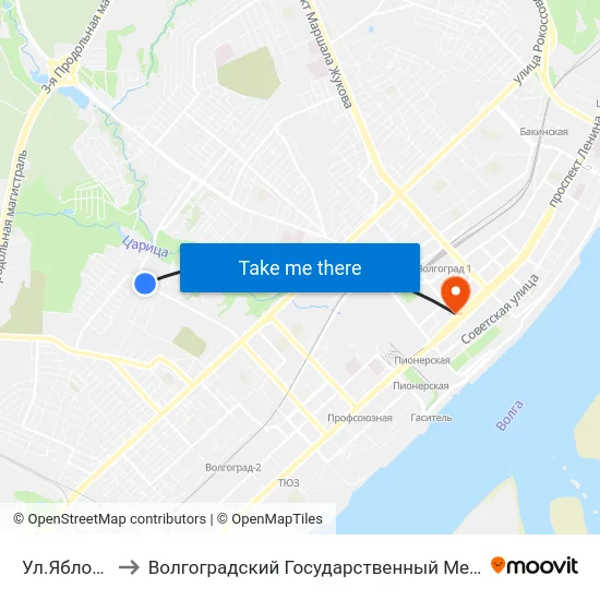 Ул.Яблочная (Б) to Волгоградский Государственный Медицинский Университет map