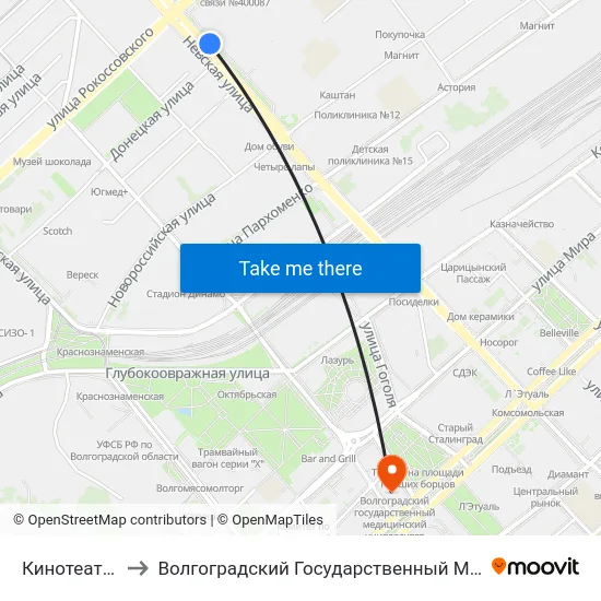 Кинотеатр Родина to Волгоградский Государственный Медицинский Университет map