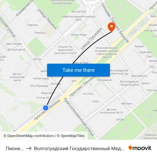 Пионерская to Волгоградский Государственный Медицинский Университет map