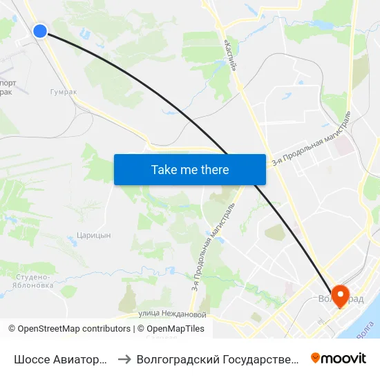 Шоссе Авиаторов (По Требованию) to Волгоградский Государственный Медицинский Университет map