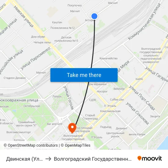 Двинская (Ул. Пархоменко) to Волгоградский Государственный Медицинский Университет map