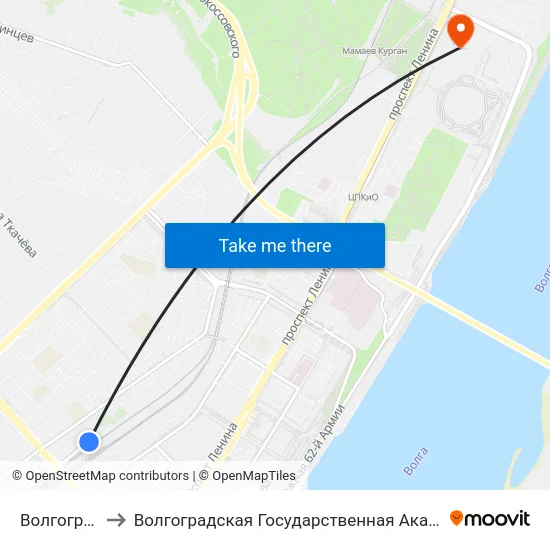 Волгоград Ав (Б) to Волгоградская Государственная Академия Физической Культуры map