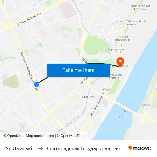 Ул.Джаныбековская (А) to Волгоградская Государственная Академия Физической Культуры map