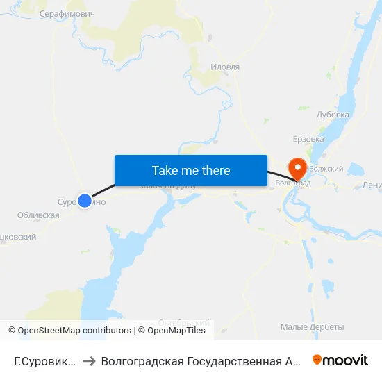 Г.Суровикино Тр. (Б) to Волгоградская Государственная Академия Физической Культуры map