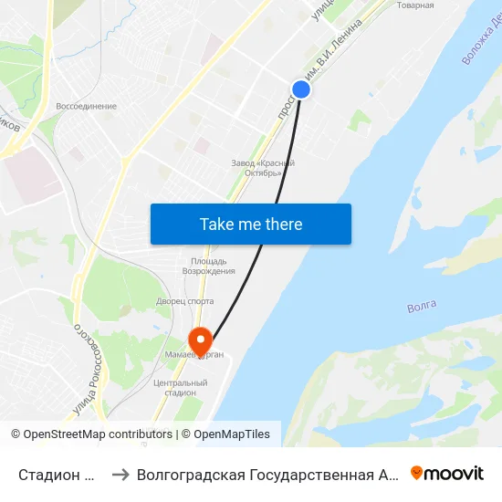 Стадион Монолит (Б) to Волгоградская Государственная Академия Физической Культуры map