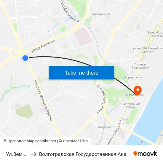 Ул.Землячки (Б) to Волгоградская Государственная Академия Физической Культуры map