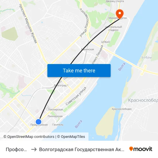 Профсоюзная (Б) to Волгоградская Государственная Академия Физической Культуры map