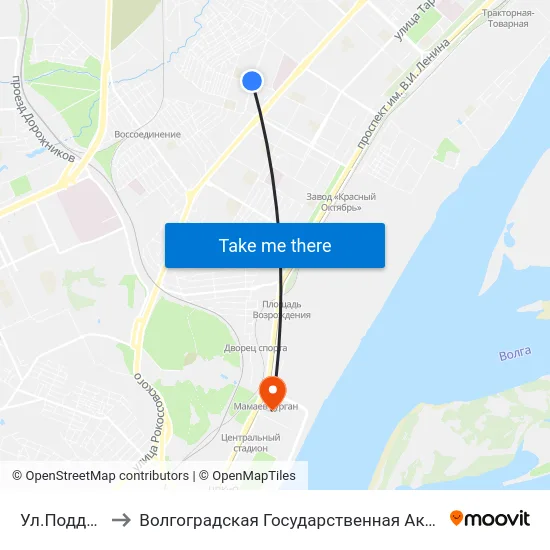 Ул.Поддубного (А) to Волгоградская Государственная Академия Физической Культуры map