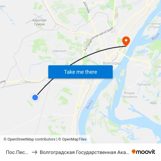 Пос.Песчанка (А) to Волгоградская Государственная Академия Физической Культуры map