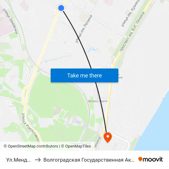 Ул.Менделеева (А) to Волгоградская Государственная Академия Физической Культуры map