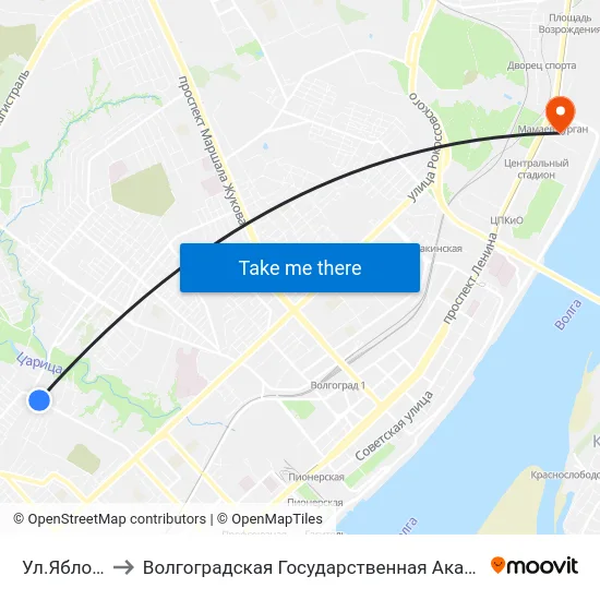Ул.Яблочная (Б) to Волгоградская Государственная Академия Физической Культуры map
