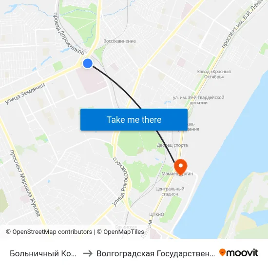Больничный Комплекс (Ул. Землячки) to Волгоградская Государственная Академия Физической Культуры map