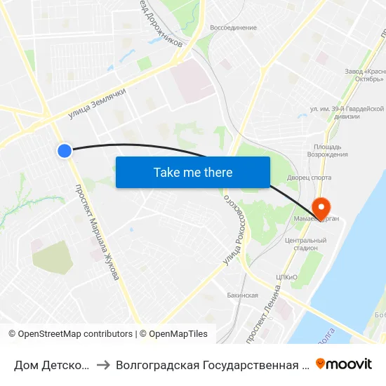 Дом Детского Творчества to Волгоградская Государственная Академия Физической Культуры map