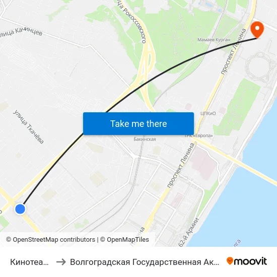 Кинотеатр Родина to Волгоградская Государственная Академия Физической Культуры map