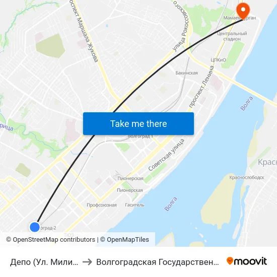 Депо (Ул. Милиционера Буханцева) to Волгоградская Государственная Академия Физической Культуры map